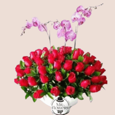 Arreglo con 50 Rosas y Orquídea doble