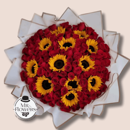 Atardecer Ramo de 100 Rosas con Girasoles Atardecer Ramo de 100 Rosas con Girasoles