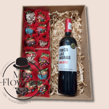 Caja con Fresas con Chocolate y Vino