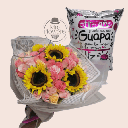 Ramo de rosas, girasoles y globo - Image 1